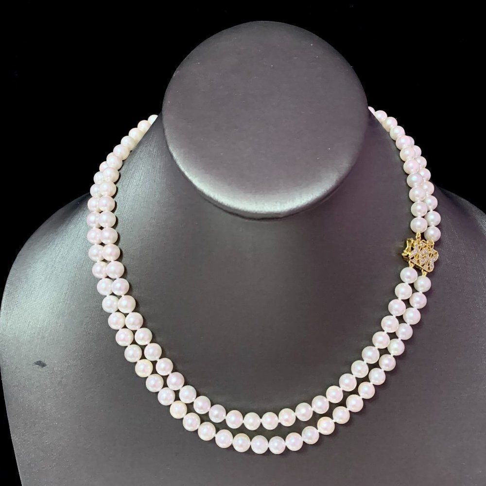 Diamond Akoya Pearl 2-Strand Necklace 17" 18k Gold 6.5mm Certified $6,900 120673